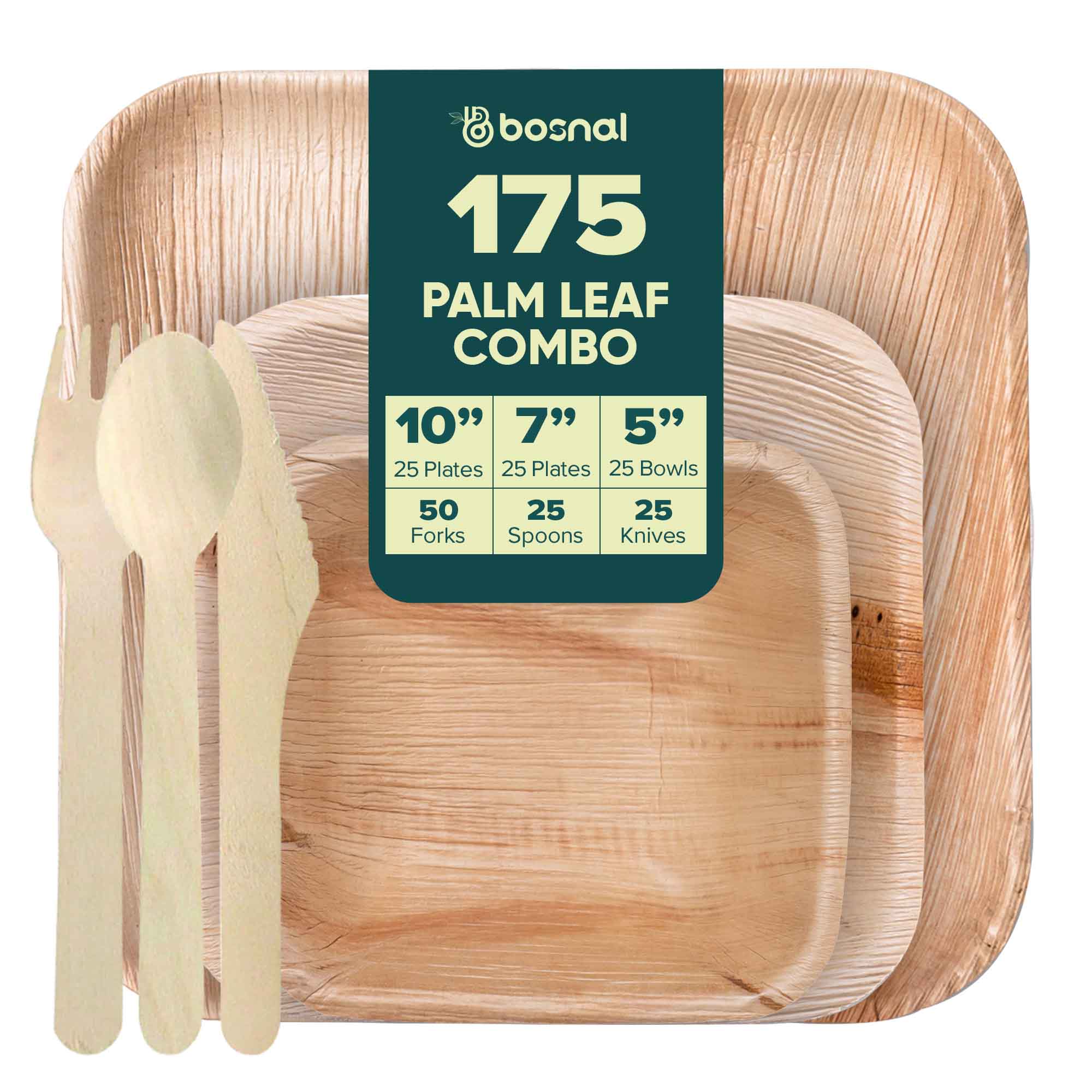Palm Leaf Biodegradable 10" & 7" Square Plates, 5" Bowls with Cutlery Combo (25 pcs each of Plates, Bowls, Spoons, Knives, 50 Forks), Eco-Friendly, Disposable Dinnerware for Parties, Weddings & Events