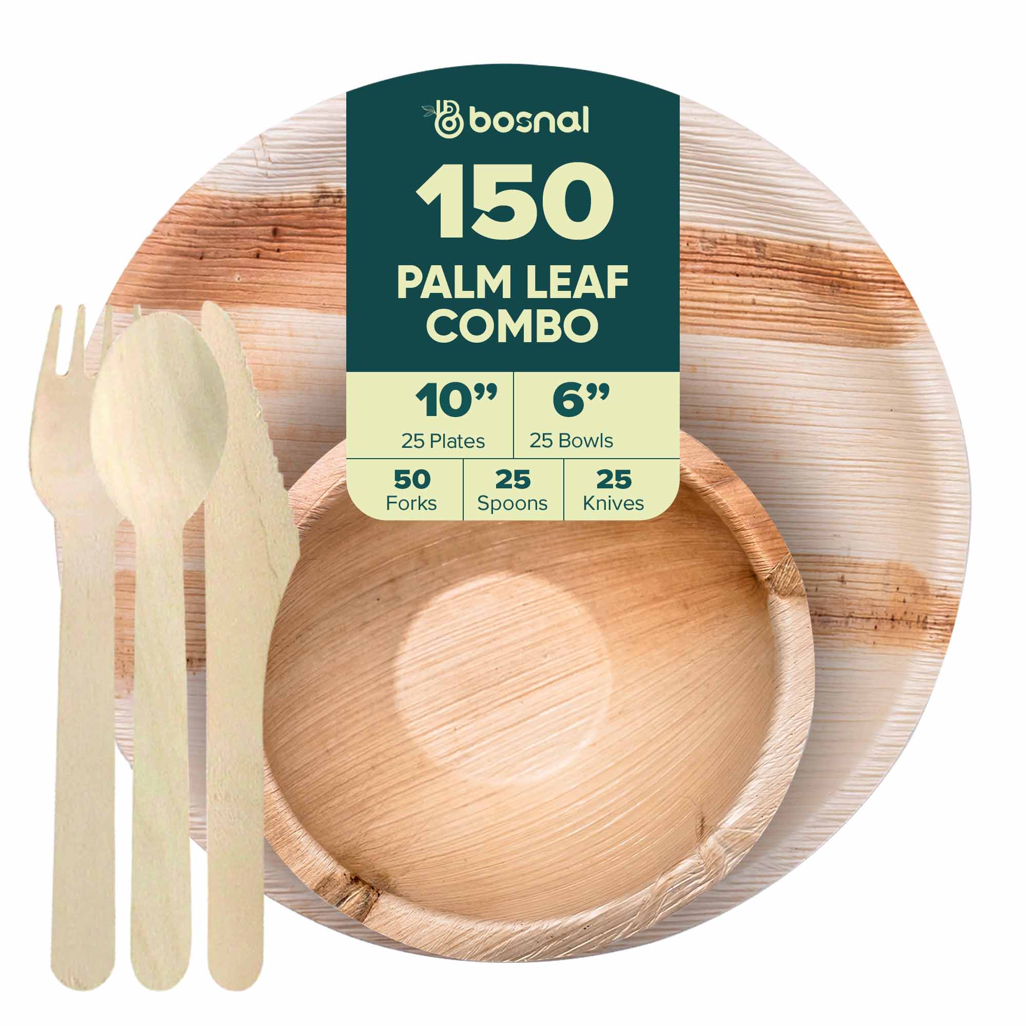 Palm Leaf Biodegradable 10" Round Plates, 6" Bowl and Cutlery Combo (25 Plates, 25 Bowls, 50 Forks, 25 Spoons, 25 Knives), Eco-Friendly, Compostable, Bamboo-Wood Style, Durable & Restaurant-Grade