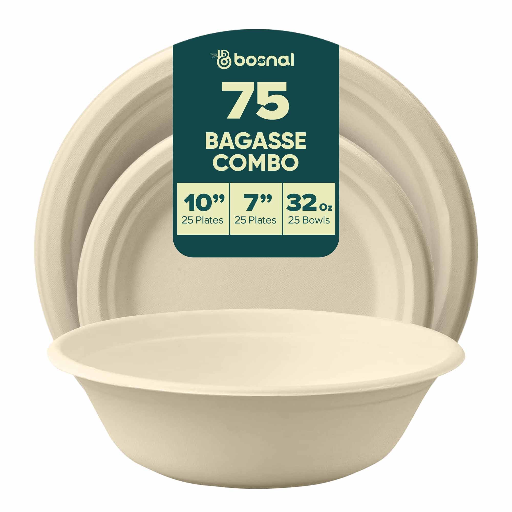 BOSNAL 10 inch & 7 inch Round Plates with 32 oz Bowls – 100% Plant-Based Sugarcane Bagasse, Eco-Friendly Disposable Dinnerware for Hot & Cold Meals, Microwave Safe, Compostable, Durable & Sustainable