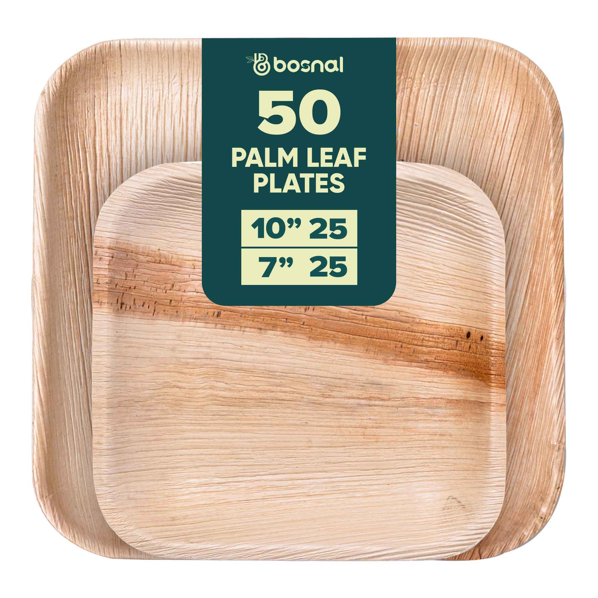 Palm Leaf Biodegradable Square Plates Combo – 50 pcs Set (25 each of 10 inch & 7 inch Plates), Eco-Friendly, Disposable Dinnerware for Parties, Weddings & Events