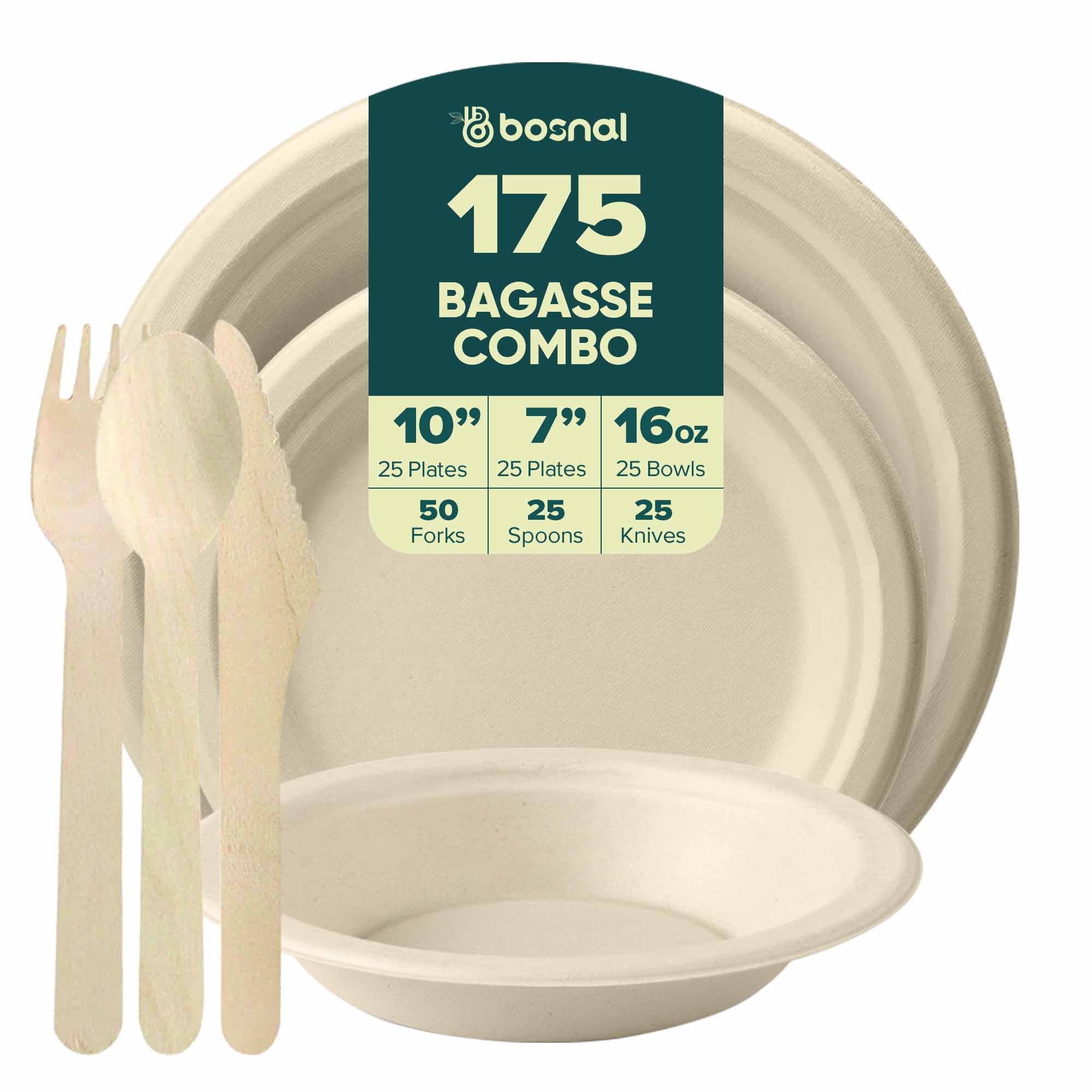BOSNAL 10 inch & 7 inch Round Plates with 16 oz Bowls & Cutlery – 100% Plant-Based Sugarcane Bagasse, Eco-Friendly Disposable Dinnerware for Hot & Cold Meals, Microwave Safe, Durable & Compostable