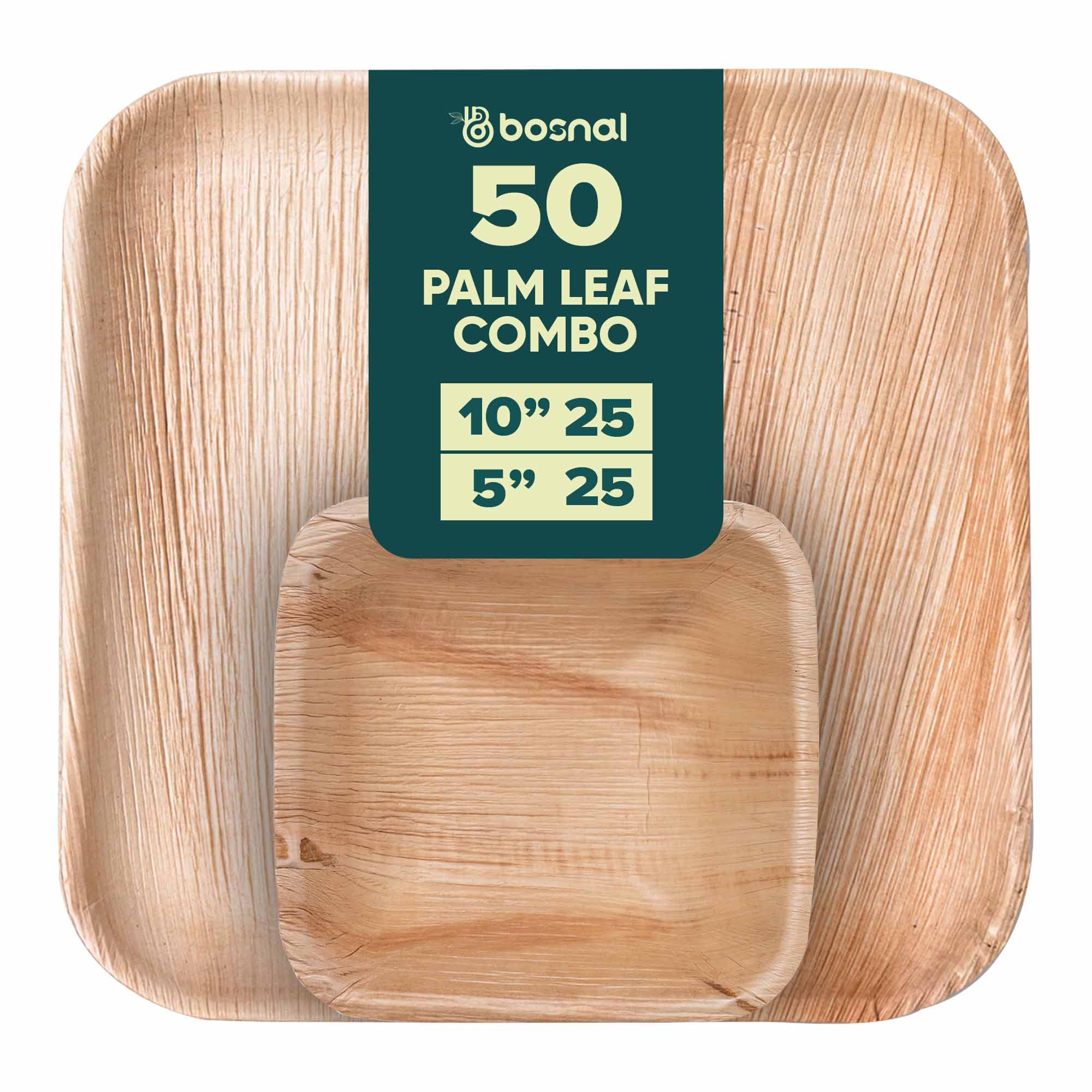 BOSNAL Palm Leaf Biodegradable 10" Square Plates and 5" Bowl Combo (25 Plates, 25 Bowls), Eco-Friendly, Compostable, Bamboo-Wood Style, Durable & Restaurant-Grade