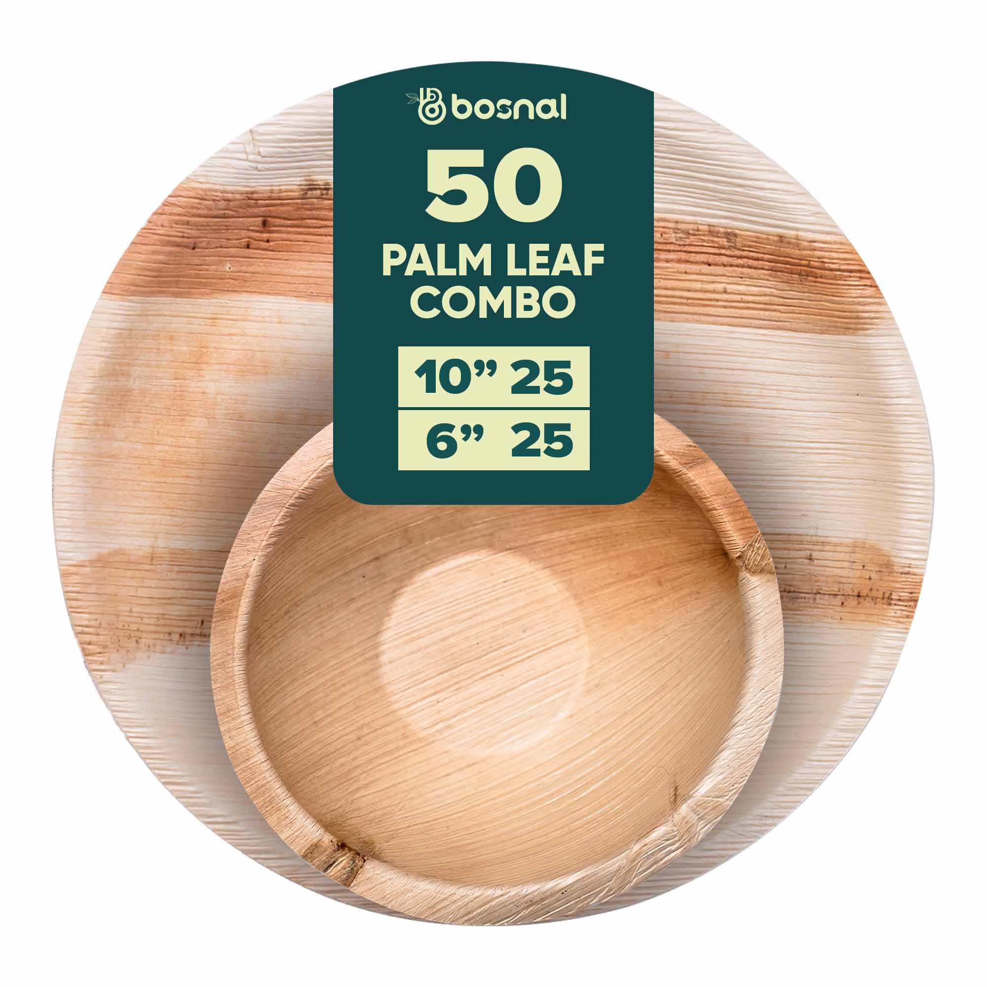 BOSNAL Palm Leaf Biodegradable 10" Round Plates and 6" Bowl Combo (25 Plates, 25 Bowls), Eco-Friendly, Compostable, Bamboo-Wood Style, Durable & Restaurant-Grade