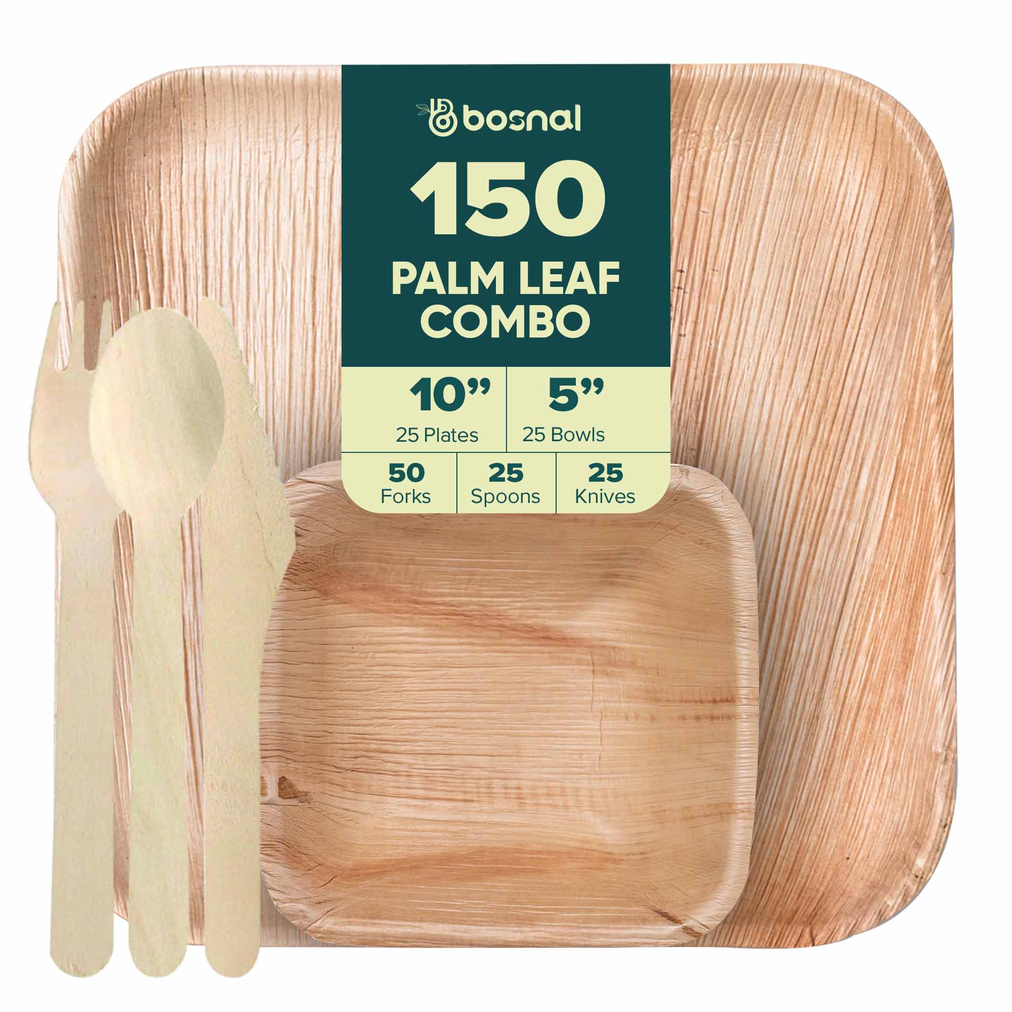 BOSNAL Palm Leaf Biodegradable 10" Square Plates, 5" Bowl and Cutlery Combo (25 Plates, 25 Bowls, 50 Forks, 25 Spoons, 25 Knives), Eco-Friendly, Compostable, Bamboo-Wood Style, Durable & Restaurant-Grade