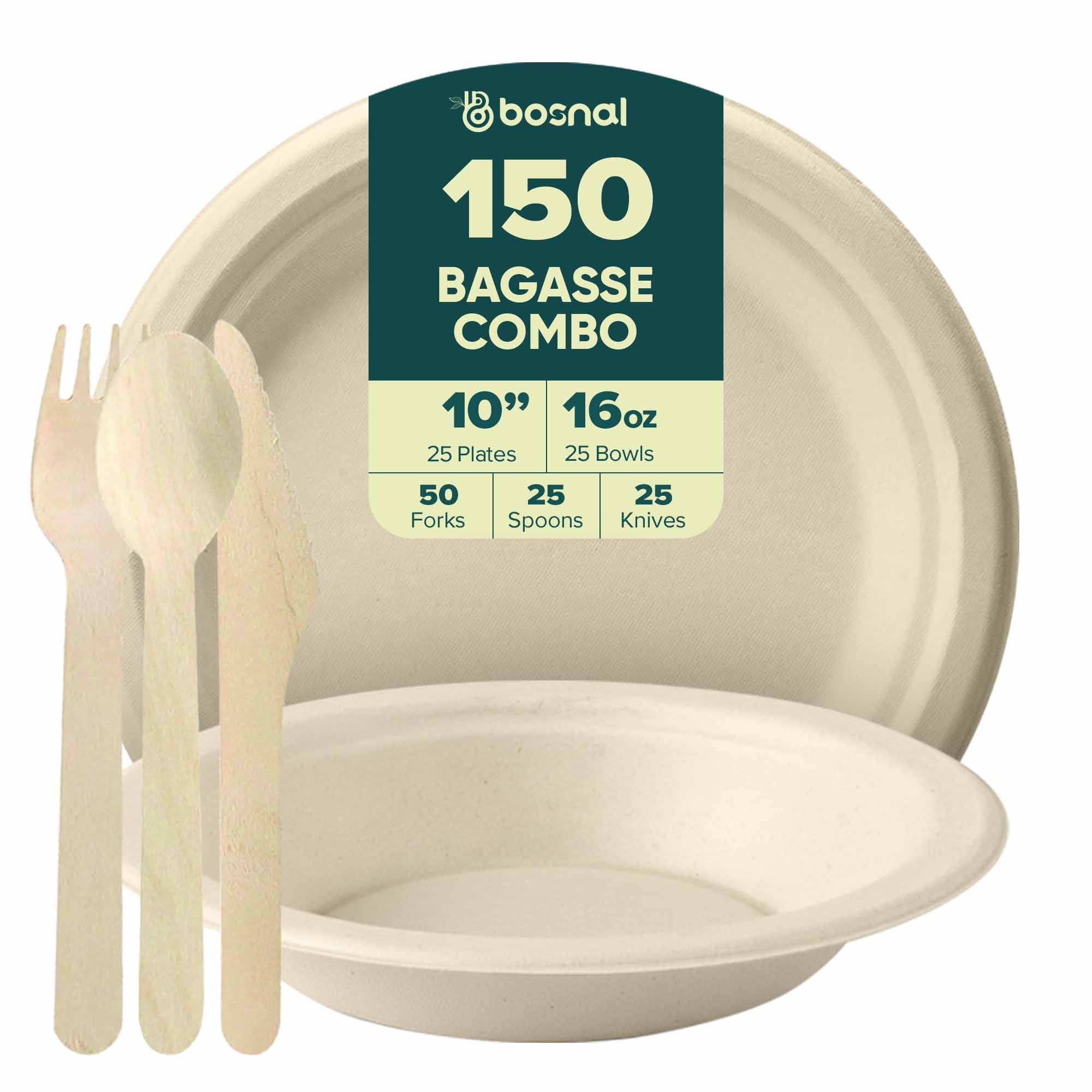BOSNAL 10 Inch Round Plates with 16 oz Bowls & Cutlery – 25 Plates, 25 Bowls, 25 Spoons, 25 Knives & 50 Forks, 100% Plant-Based Sugarcane Bagasse, Eco-Friendly, Compostable, Microwave Safe & Durable