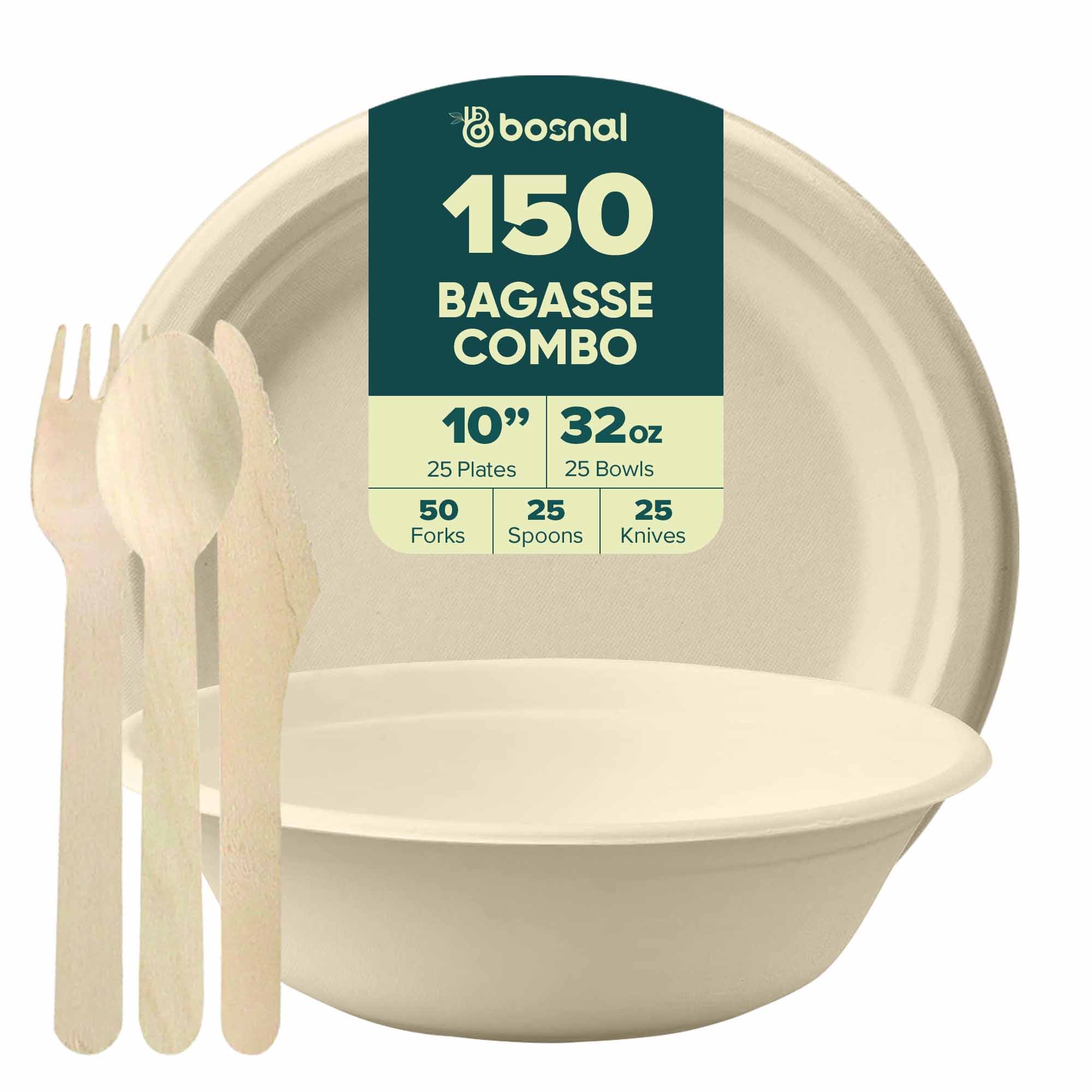 BOSNAL 10 Inch Round Plates with 32 oz Bowls & Cutlery – 25 Plates, 25 Bowls, 25 Spoons, 25 Knives & 50 Forks, 100% Plant-Based Sugarcane Bagasse, Eco-Friendly, Compostable, Microwave Safe & Durable