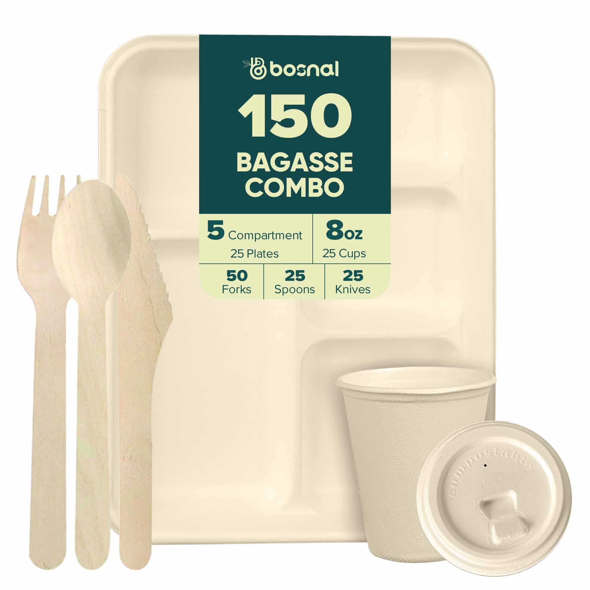 BOSNAL 5 Compartment Trays & 8 oz Cups with Cutlery – 100% Plant-Based Sugarcane Bagasse, Eco-Friendly Disposable Dinnerware for Hot & Cold Meals, Microwave Safe, Compostable, Durable & Sustainable