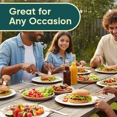 Friends enjoying burgers and salads on disposable plates at an outdoor table, with the message ‘Great for Any Occasion