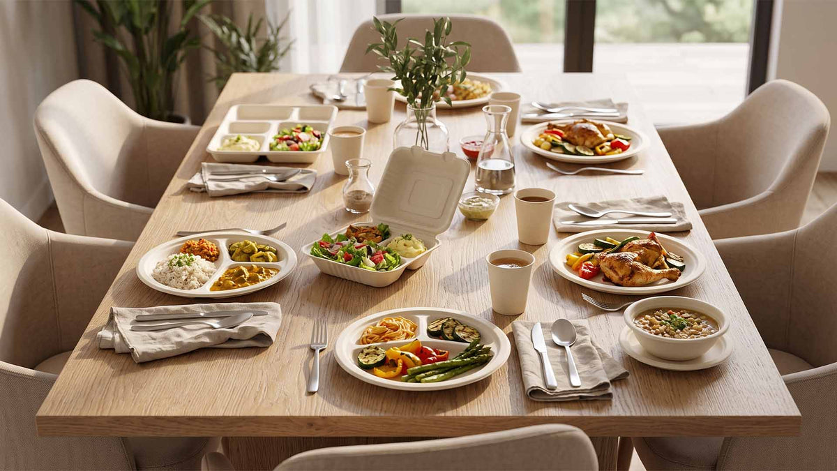 Bagasse plates and bowls filled with meals on a wooden dining table set for everyday dining