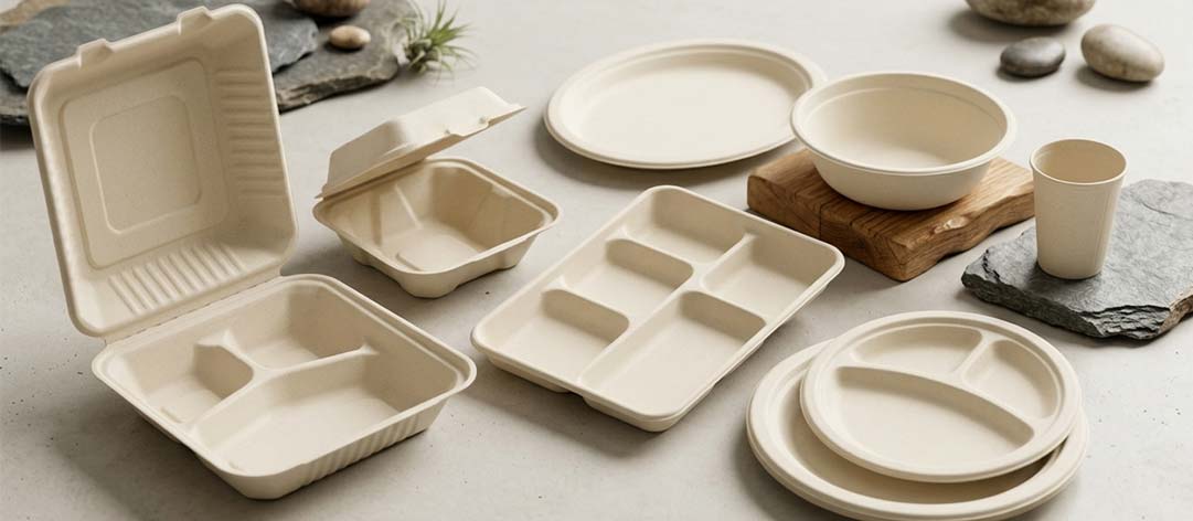 Cream-colored compartment trays, plates, bowls, and a cup arranged on a table