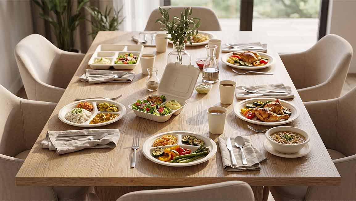 Bagasse plates and bowls filled with meals on a wooden dining table set for everyday dining