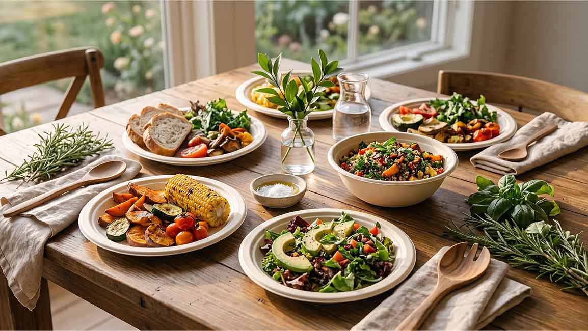 Beige-colored bagasse plates and bowls with salads and roasted vegetables, wooden cutlery, and linen napkins on a rustic dining table