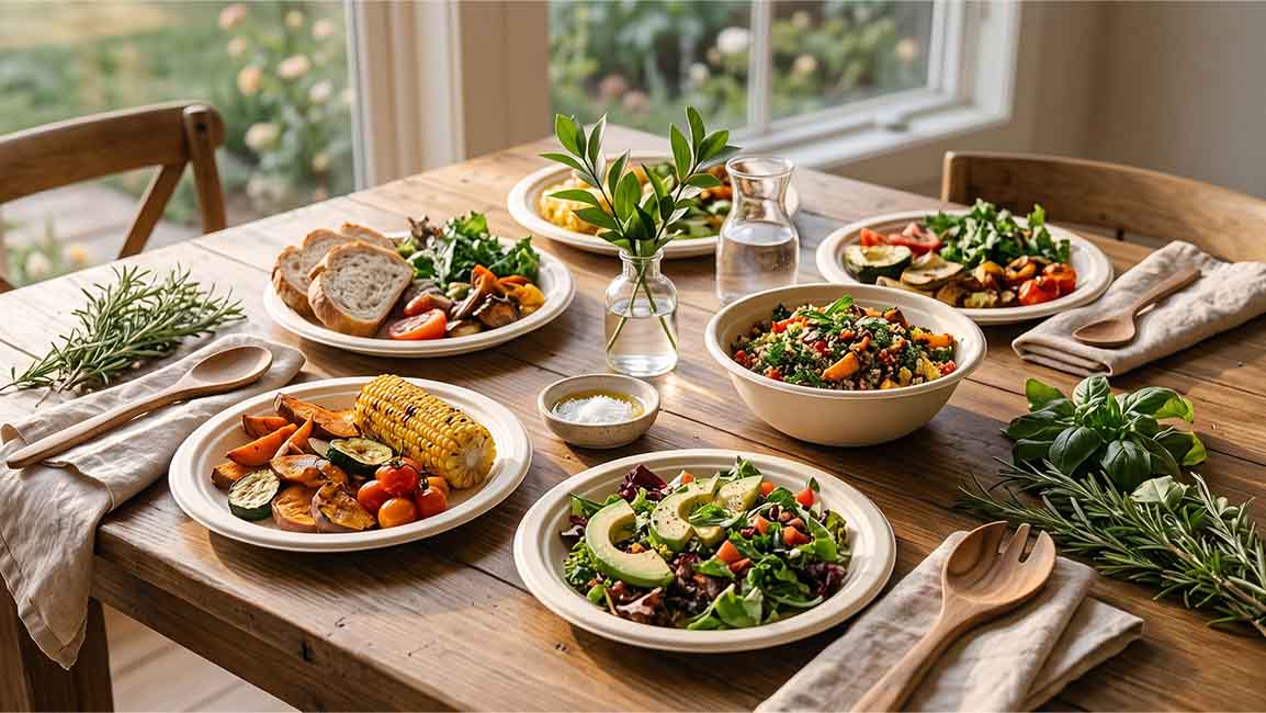 Beige-colored bagasse plates and bowls with salads and roasted vegetables, wooden cutlery, and linen napkins on a rustic dining table
