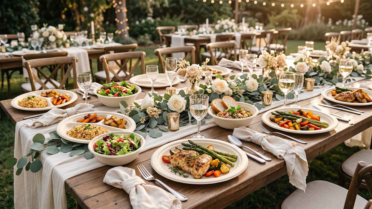 Outdoor wedding table with white plates of food, salad bowls, floral centerpieces, and string lights