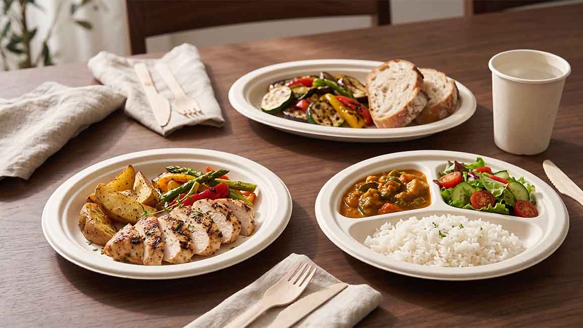White disposable plates with chicken, vegetables, rice, and curry, alongside wooden cutlery on a dining table