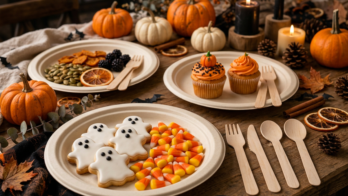 Halloween party table with bagasse plates, wooden cutlery, ghost cookies, cupcakes, and pumpkins