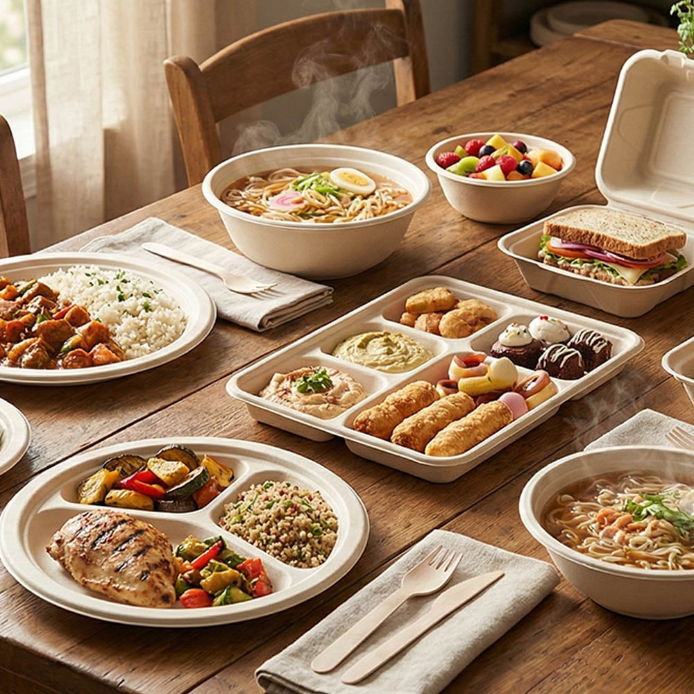 Cream-colored plates and bowls holding rice, vegetables, salads, and soup on a table with wooden cutlery
