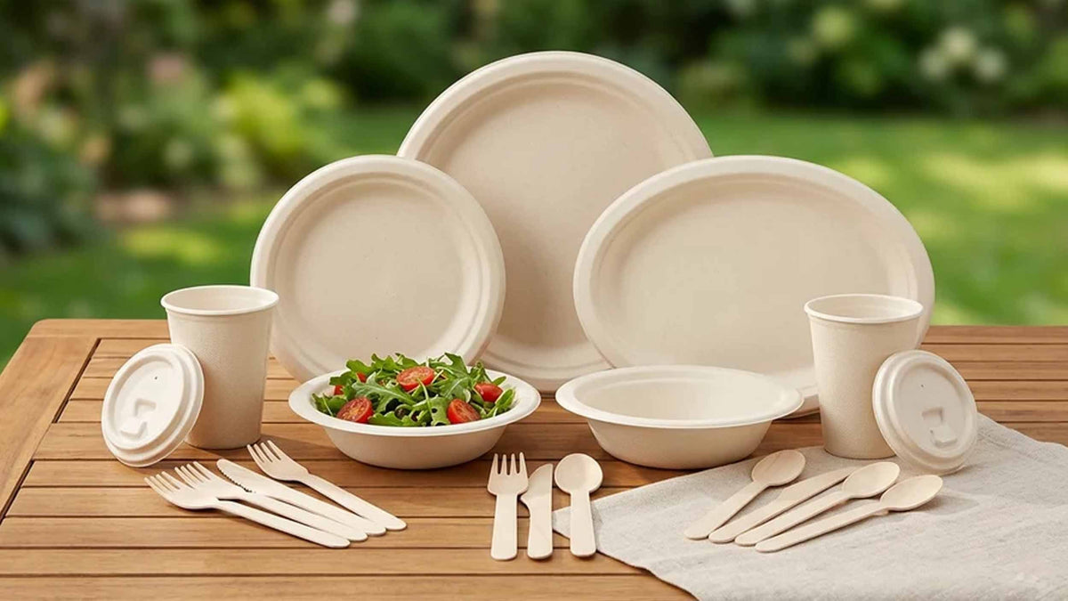 Bagasse plates, bowls, cups with lids, and wooden cutlery arranged on a table for eco-friendly dining.