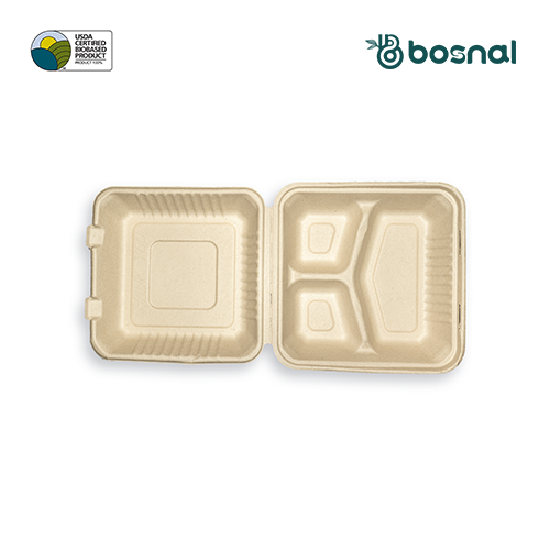 9 Inch 3 compartment Square Compostable Clamshell