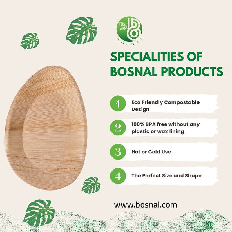 Bosnal 4 inch Square Plates, Compostable Palm Leaf, Bamboo and Wood Style, Stackable, Restaurant Grade, 25 Pcs - 9 Round Plate