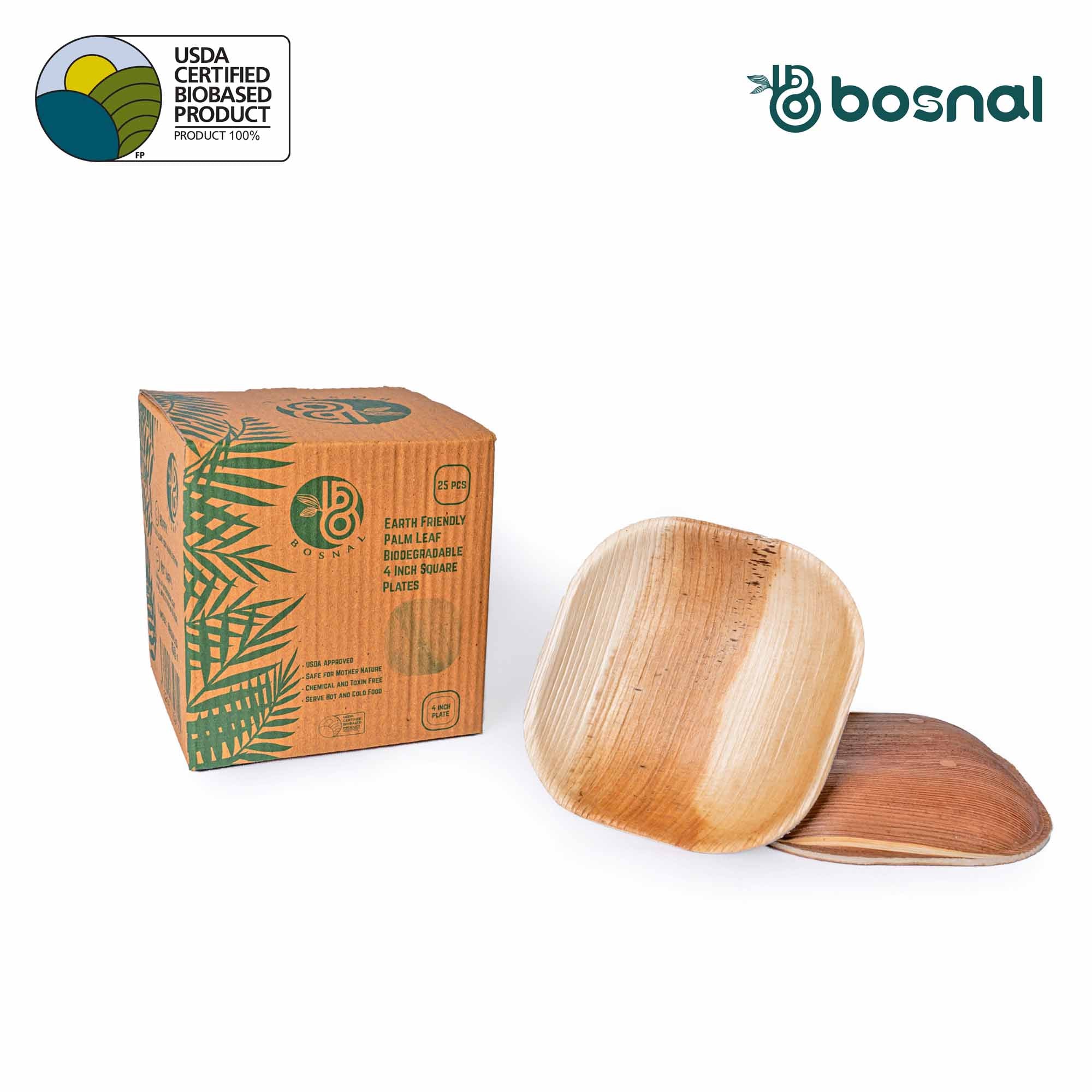 Bosnal - Palm Leaf Biodegradable Plates, 4 inch, Square, 25 Pcs