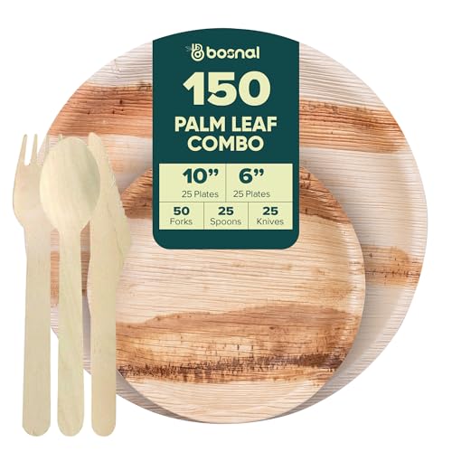 BOSNAL Palm Leaf Biodegradable 10" & 6" Round Plates and Cutlery Combo (25 Each Plates, 50 Forks, 25 Spoons, 25 Knives), Eco-Friendly, Compostable, Bamboo-Wood Style, Durable & Restaurant-Grade