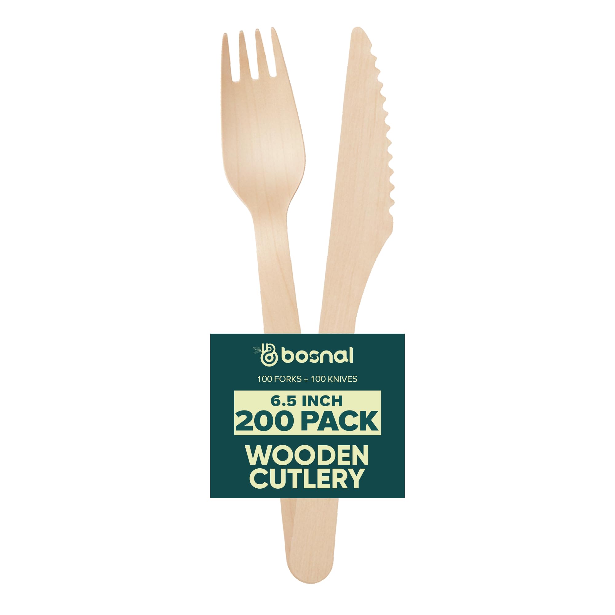 Bosnal Disposable Wooden Forks & Knives – 200pcs, Made from 100% Natural Wood