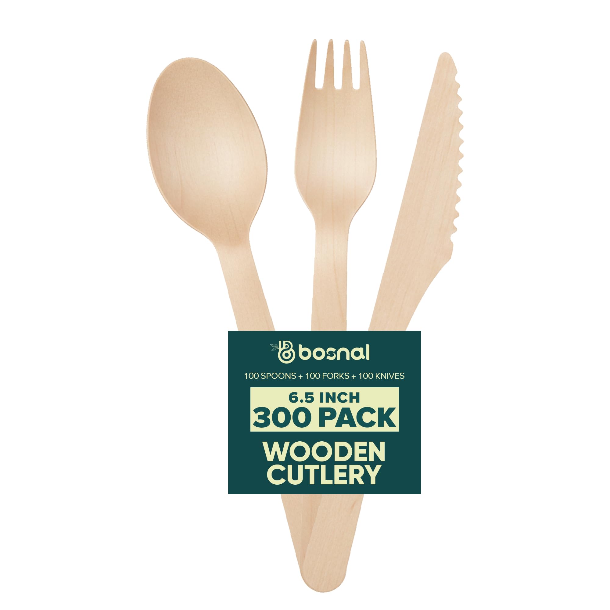 Bosnal Disposable Wooden Cutlery Set - 300 Pcs, Wood Spoons, Forks & Knives