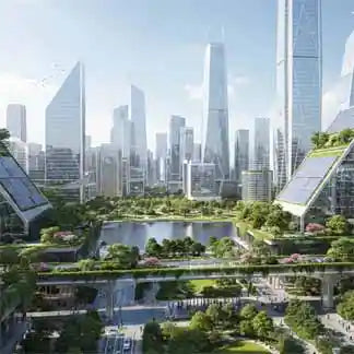 Futuristic green city with skyscrapers, rooftop gardens, tree-lined terraces and interconnected waterways