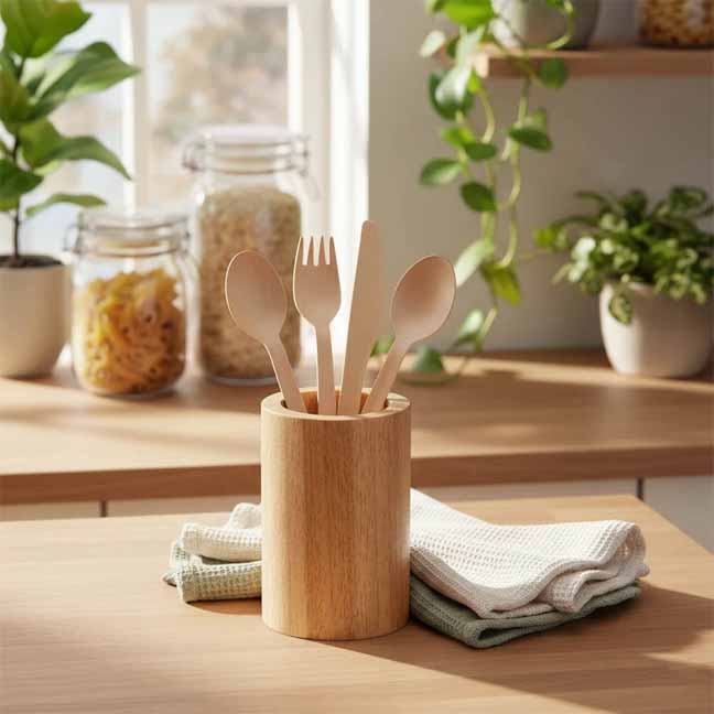 Wooden cutlery in a cylindrical wooden utensil holder beside folded cloths on a sunlit kitchen counter