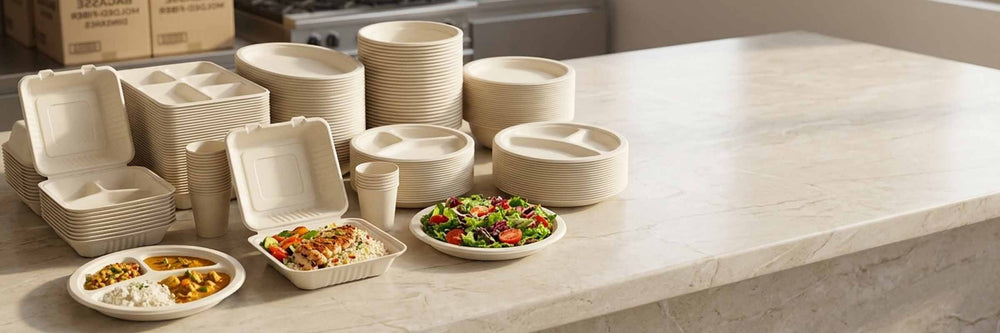 Bulk stacks of cream-colored plates, bowls, cups and takeaway containers on a kitchen counter with prepared meals