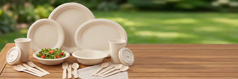 Cream-colored tableware set with plates, bowls, lidded cups and cutlery arranged on an outdoor wooden table