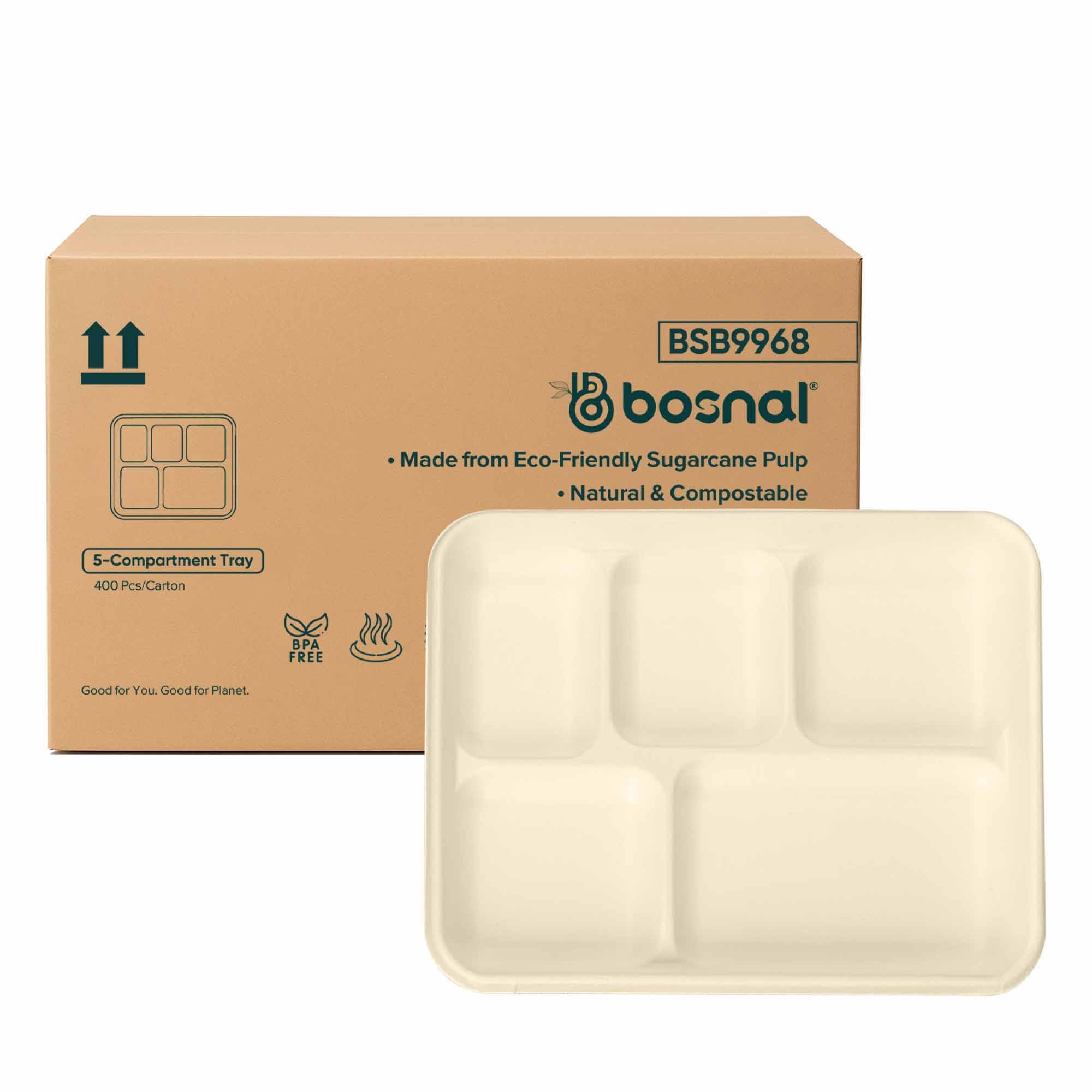 Bosnal 5-Compartment Compostable Food Trays, Case of 16 (400 Pcs) – Eco-Friendly Wholesale Pack