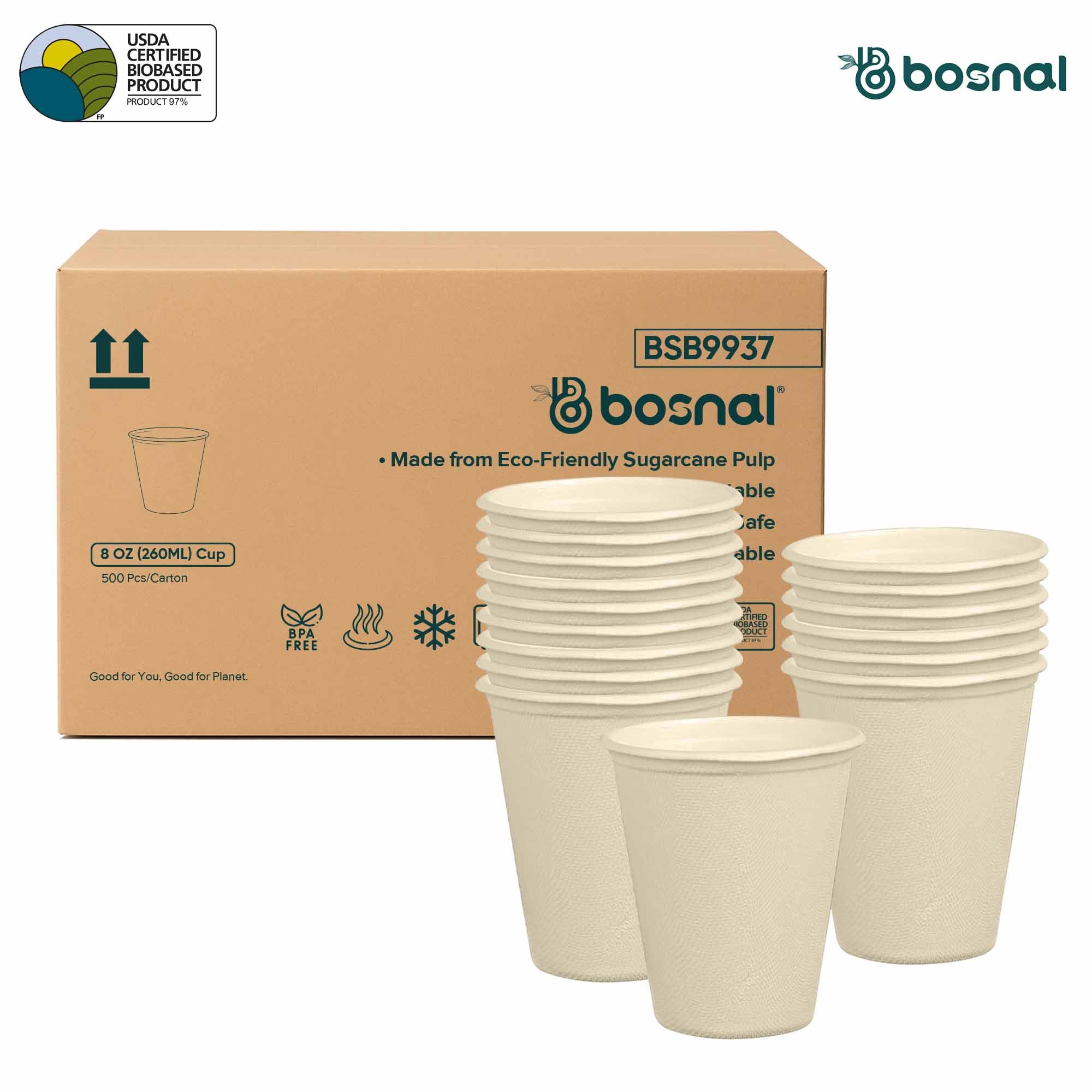Bosnal - Sugarcane Bagasse Compostable 8 Oz Cups – Case of 20 (500 Pcs)