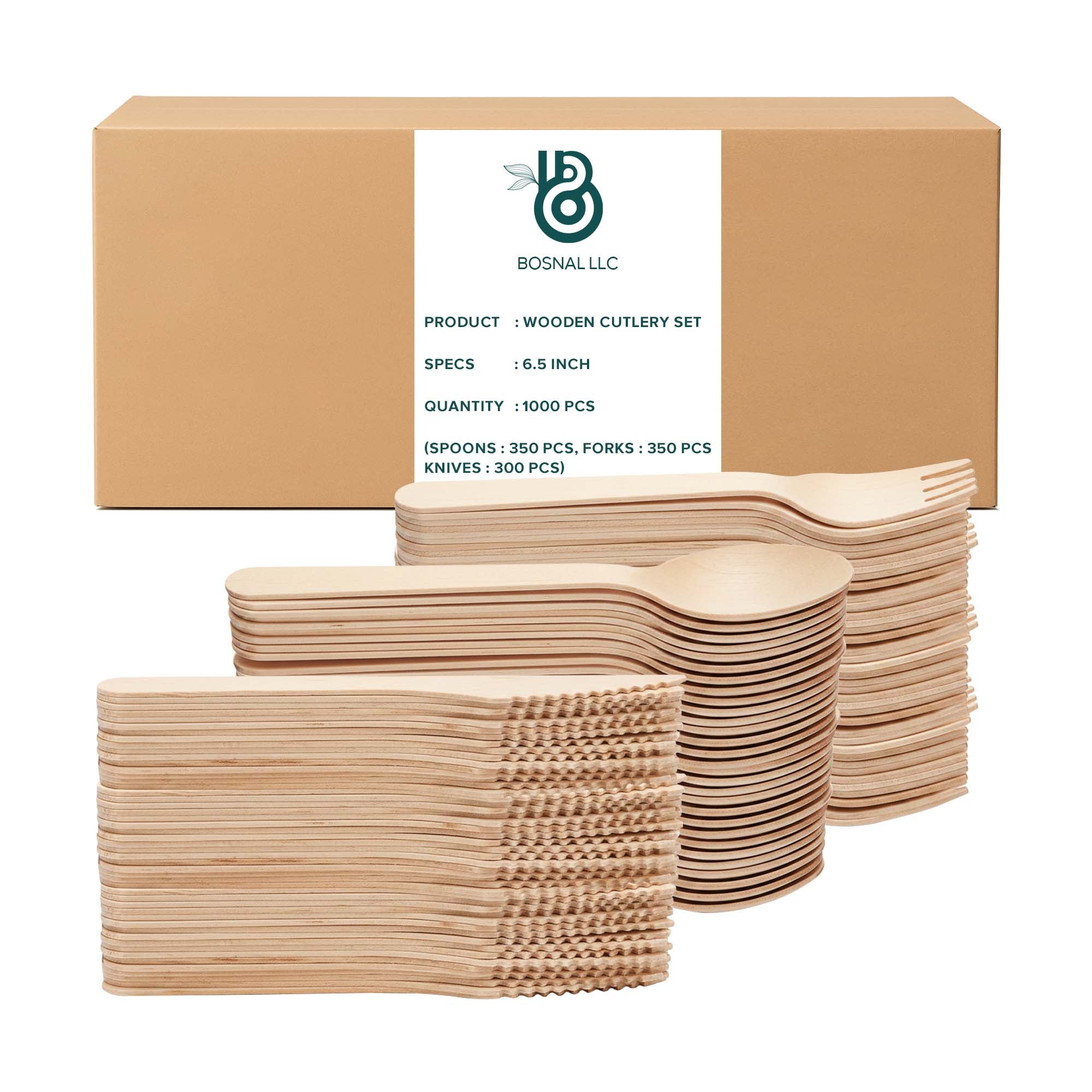 BOSNAL Disposable Wooden Cutlery Combo Pack – Spoons, Forks & Knives – Case of 40 (1000 Pcs) image 1