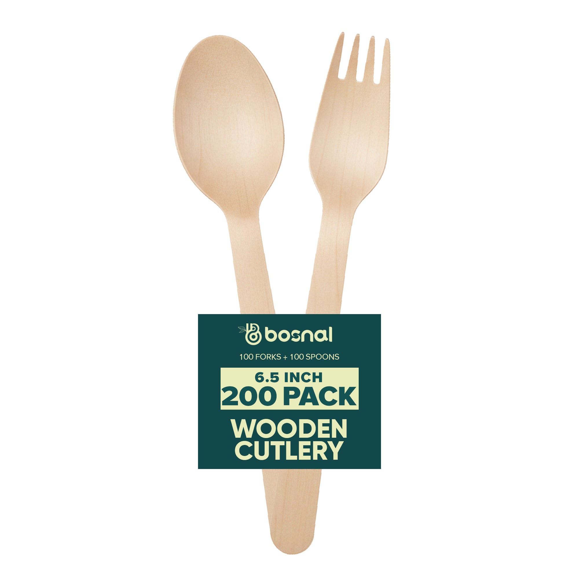 BOSNAL Wooden Disposable Spoons & Forks - 200 pcs, Made from 100% Natural Wood image 1