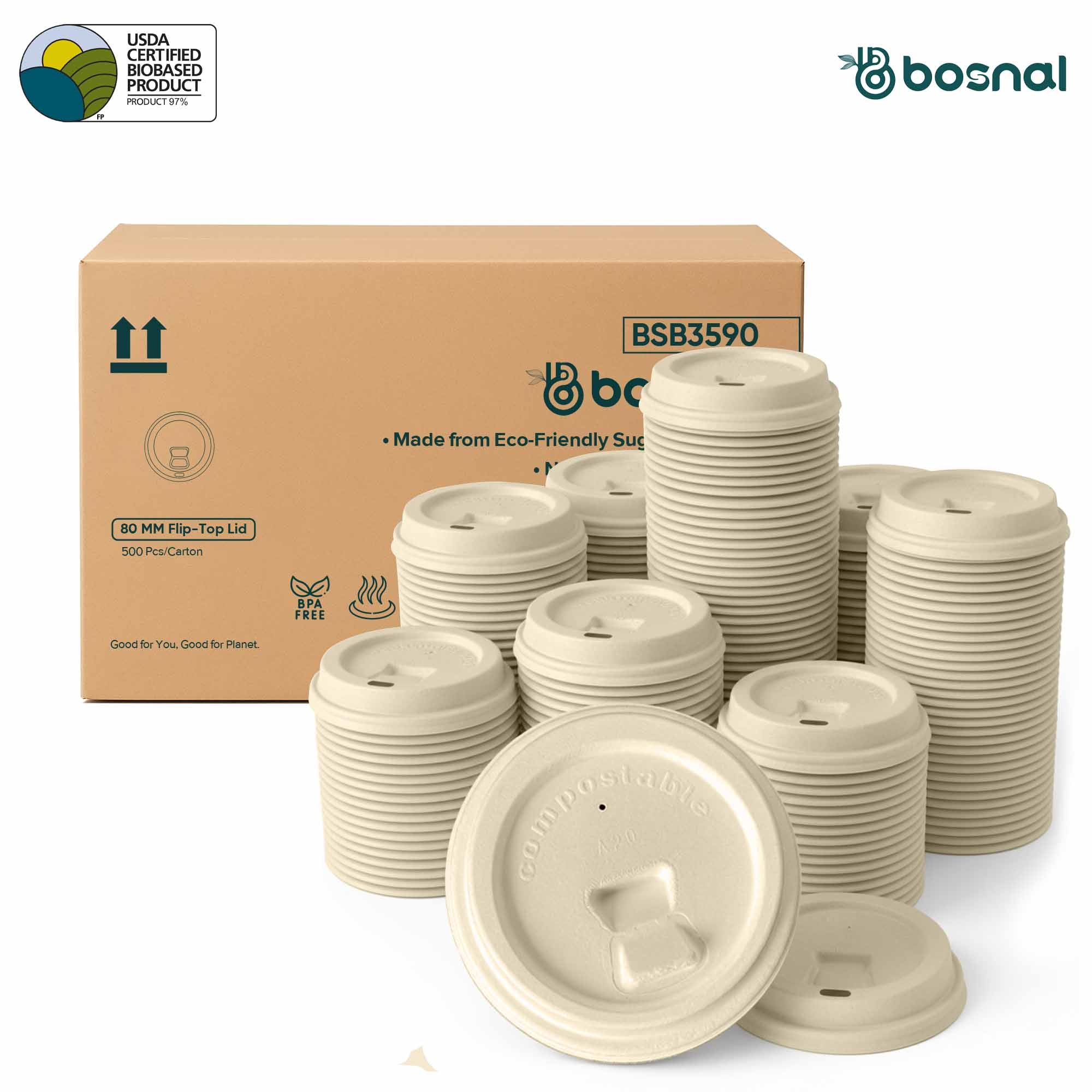 Bosnal - Sugarcane Bagasse Compostable Lids for 8 Oz Cups – Case of 20 (500 Pcs)