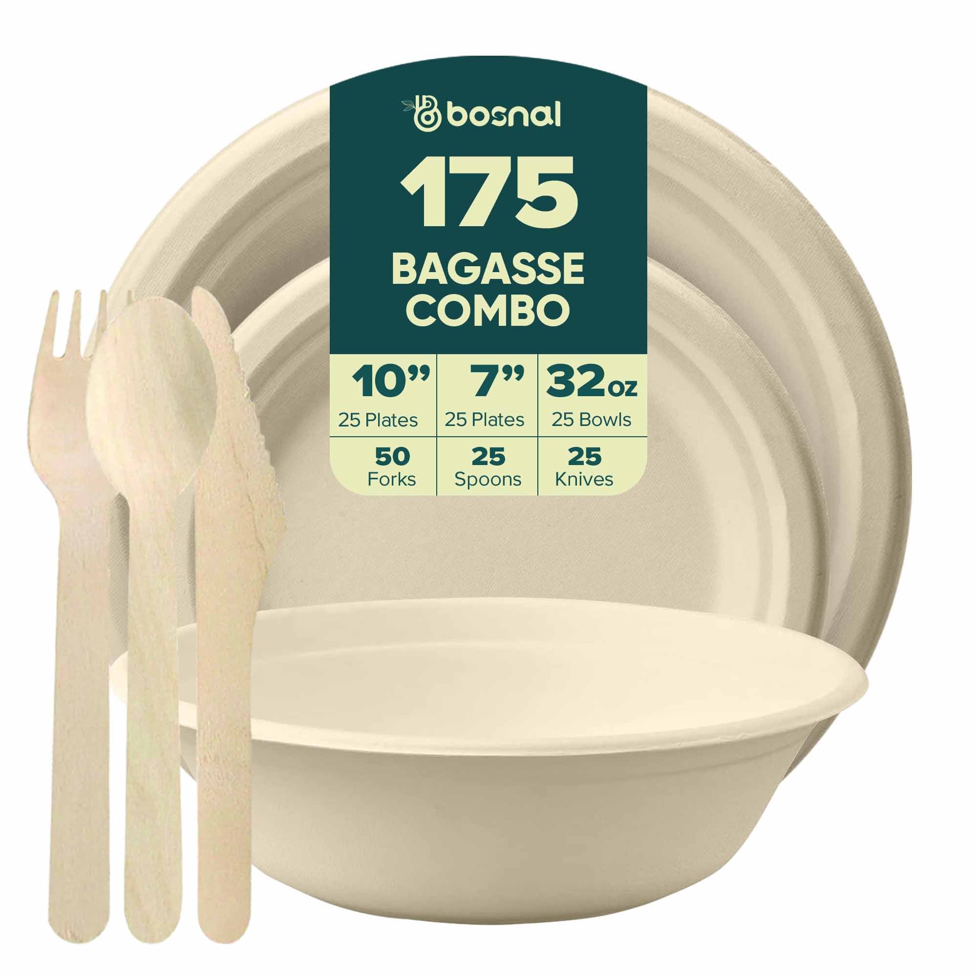BOSNAL 10 inch & 7 inch Round Plates with 32 oz Bowls & Cutlery – 100% Plant-Based Sugarcane Bagasse, Eco-Friendly Disposable Dinnerware for Hot & Cold Meals, Microwave Safe, Durable & Compostable