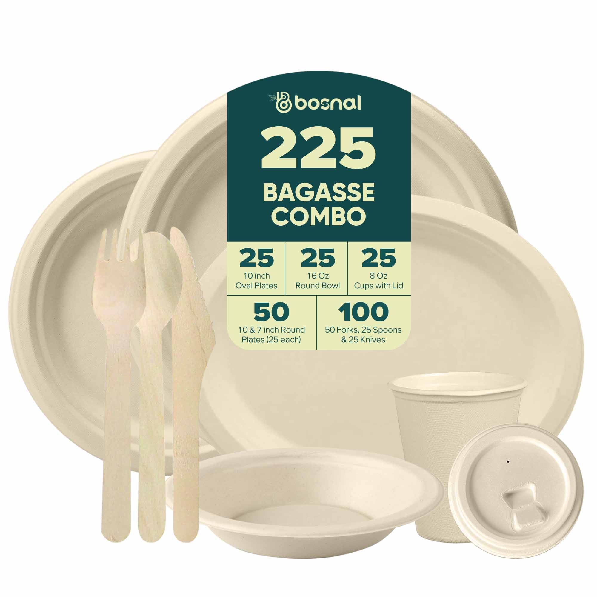 BOSNAL 10 inch & 7 inch Round Plates, 10 inch Oval Plates, 16 oz Bowls & 8 oz Cups with Cutlery – 100% Plant-Based Sugarcane Bagasse, Eco-Friendly, Compostable, Microwave Safe, Durable Dinnerware Set