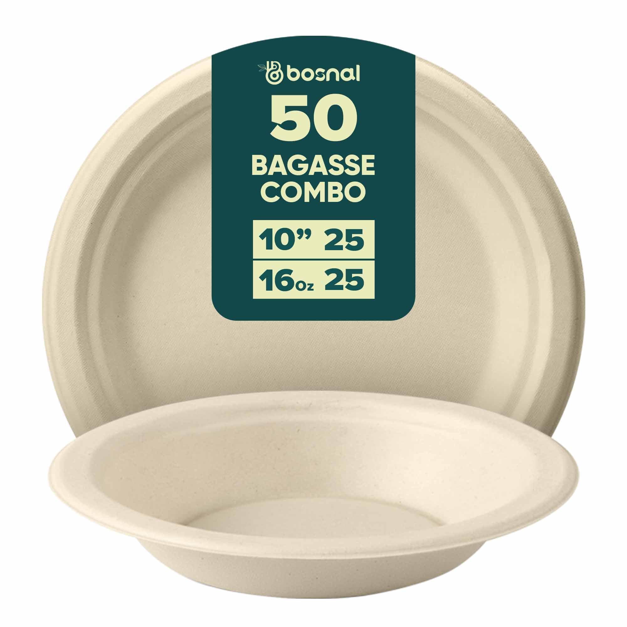 BOSNAL 10 Inch Round Plates with 16 oz Bowls – 25 Plates, 25 Bowls,100% Plant-Based Sugarcane Bagasse, Eco-Friendly Disposable Dinnerware for Hot & Cold Meals, Microwave Safe
