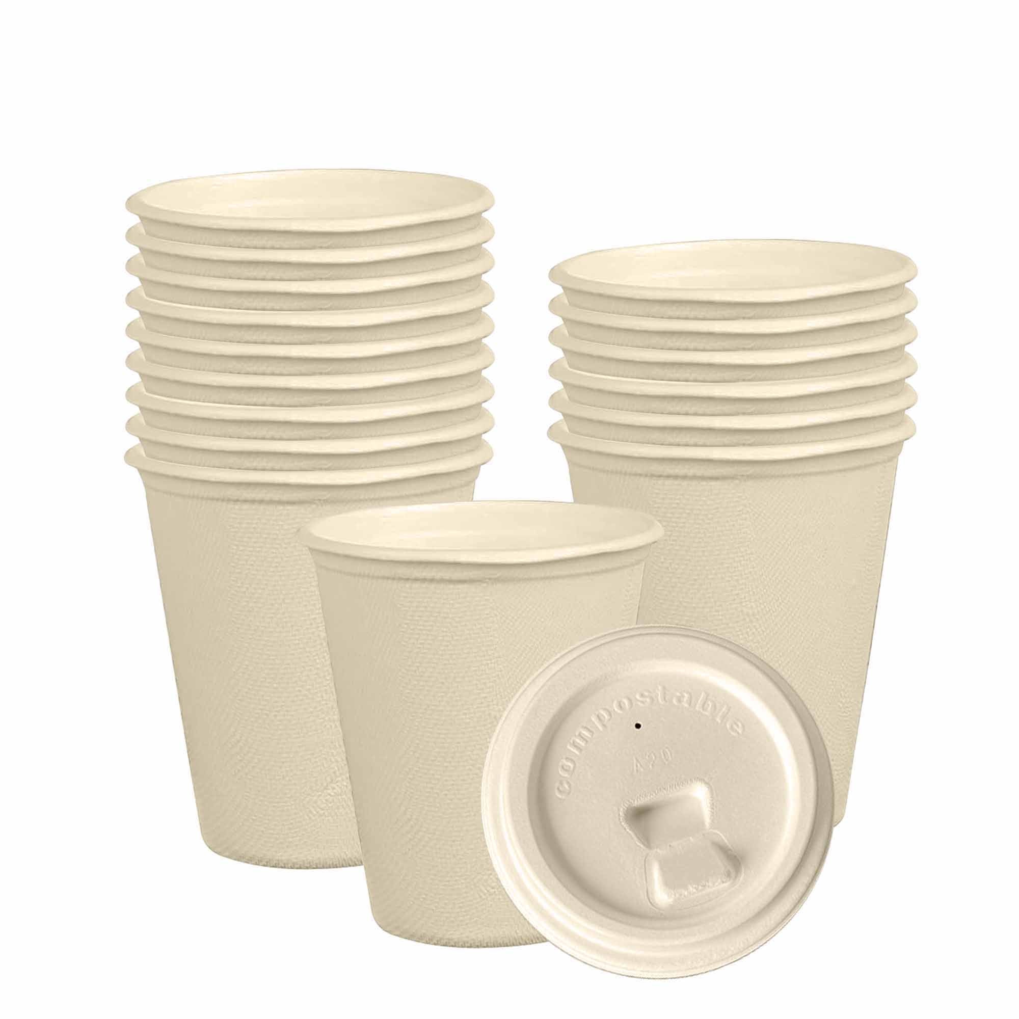 BOSNAL 8 oz Compostable Cups with Lids, 100% Plant-Based Sugarcane Bagasse, Eco-Friendly Disposable Cups for Hot & Cold Drinks, Microwave Safe, Compostable, Sustainable & Sturdy