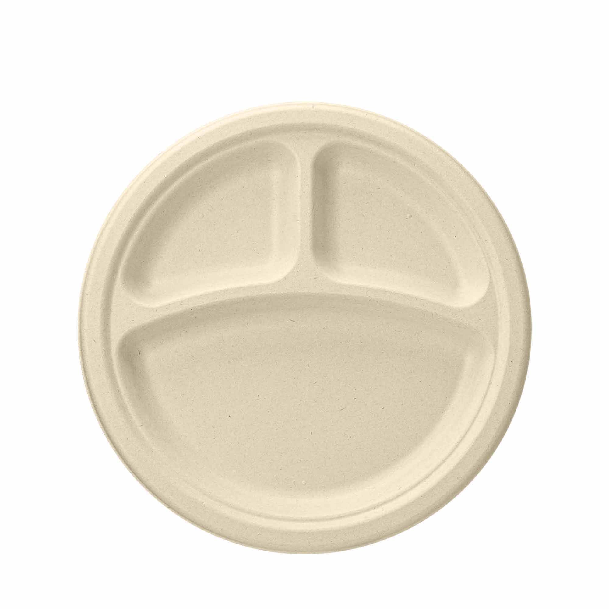 BOSNAL 10 Inch Round 3-Compartment Compostable Plates, 100% Plant-Based Sugarcane Bagasse, Eco-Friendly Disposable Plates, Microwave Safe, BPA-Free, Durable & Leak-Resistant