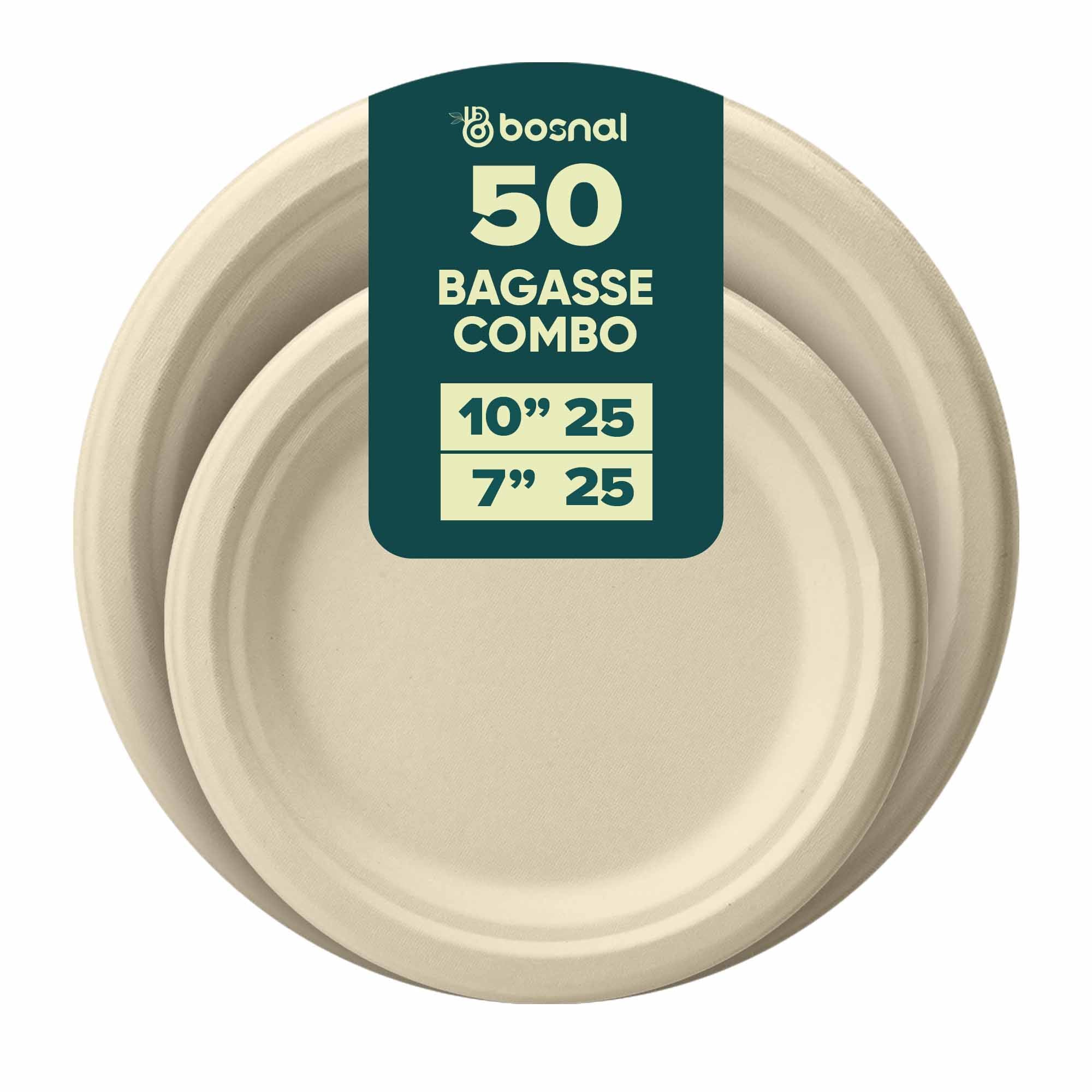 BOSNAL 10 inch and 7 inch Round Plates – 100% Plant-Based Sugarcane Bagasse, Eco-Friendly Disposable Plates for Hot & Cold Meals, Microwave Safe, Compostable, Durable & Sustainable