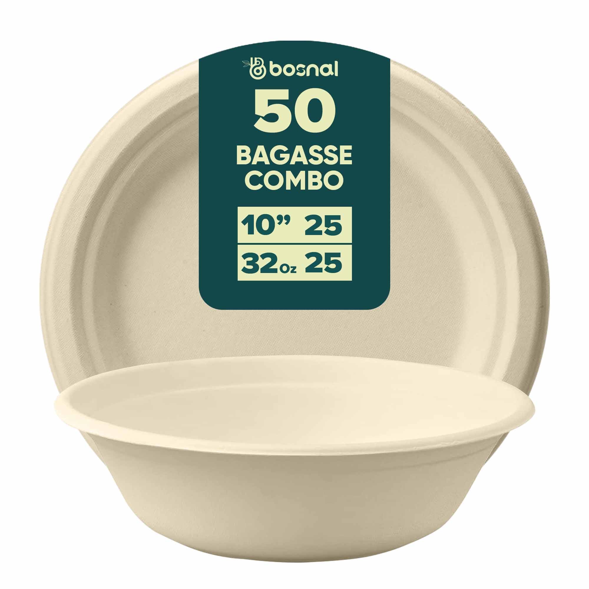 BOSNAL 10 Inch Round Plates with 32 oz Bowls – 25 Plates, 25 Bowls,100% Plant-Based Sugarcane Bagasse, Eco-Friendly Disposable Dinnerware for Hot & Cold Meals, Microwave Safe