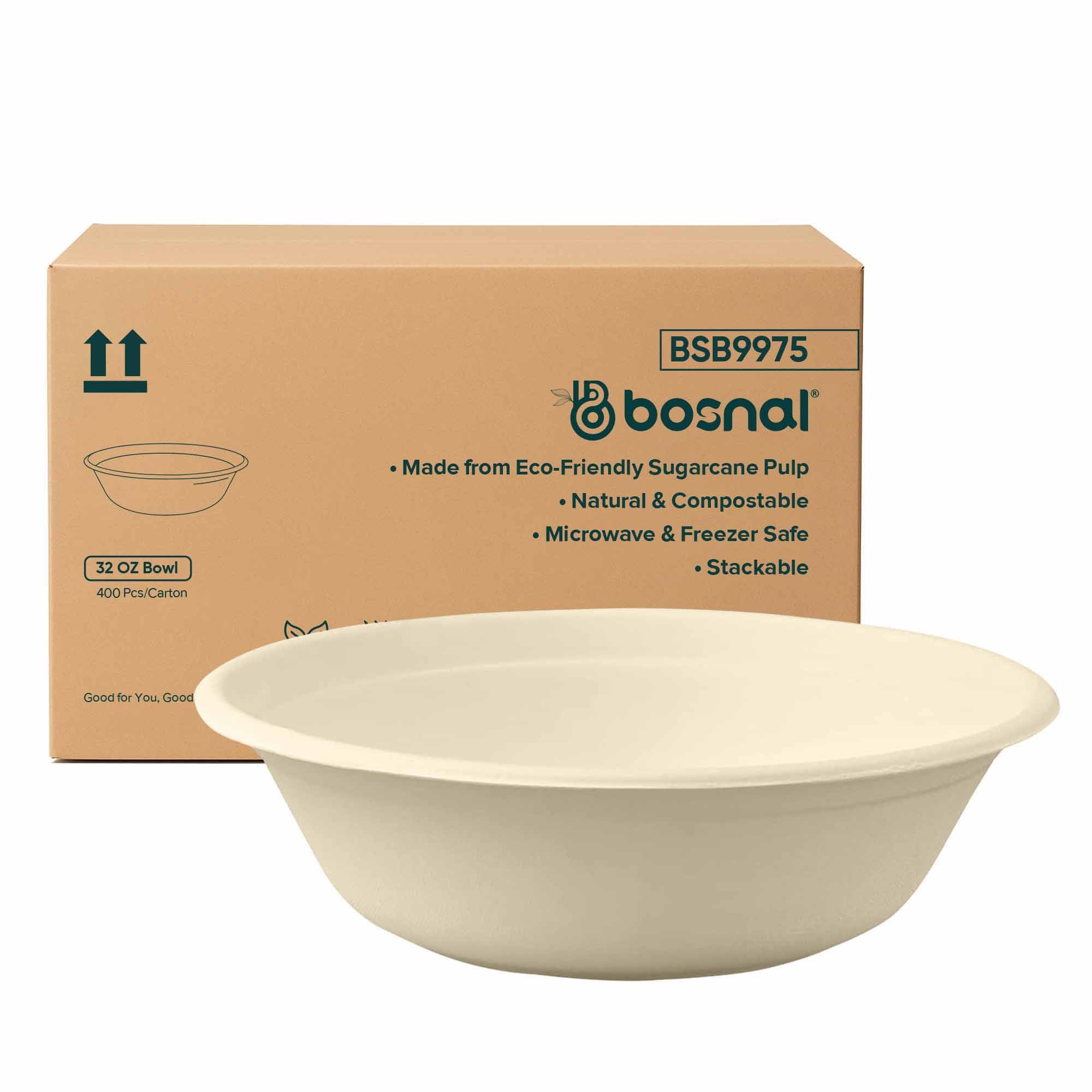 Bosnal 32 OZ Round Bagasse Bowls, Case of 20 (500 Pcs) – Eco-Friendly Wholesale Pack