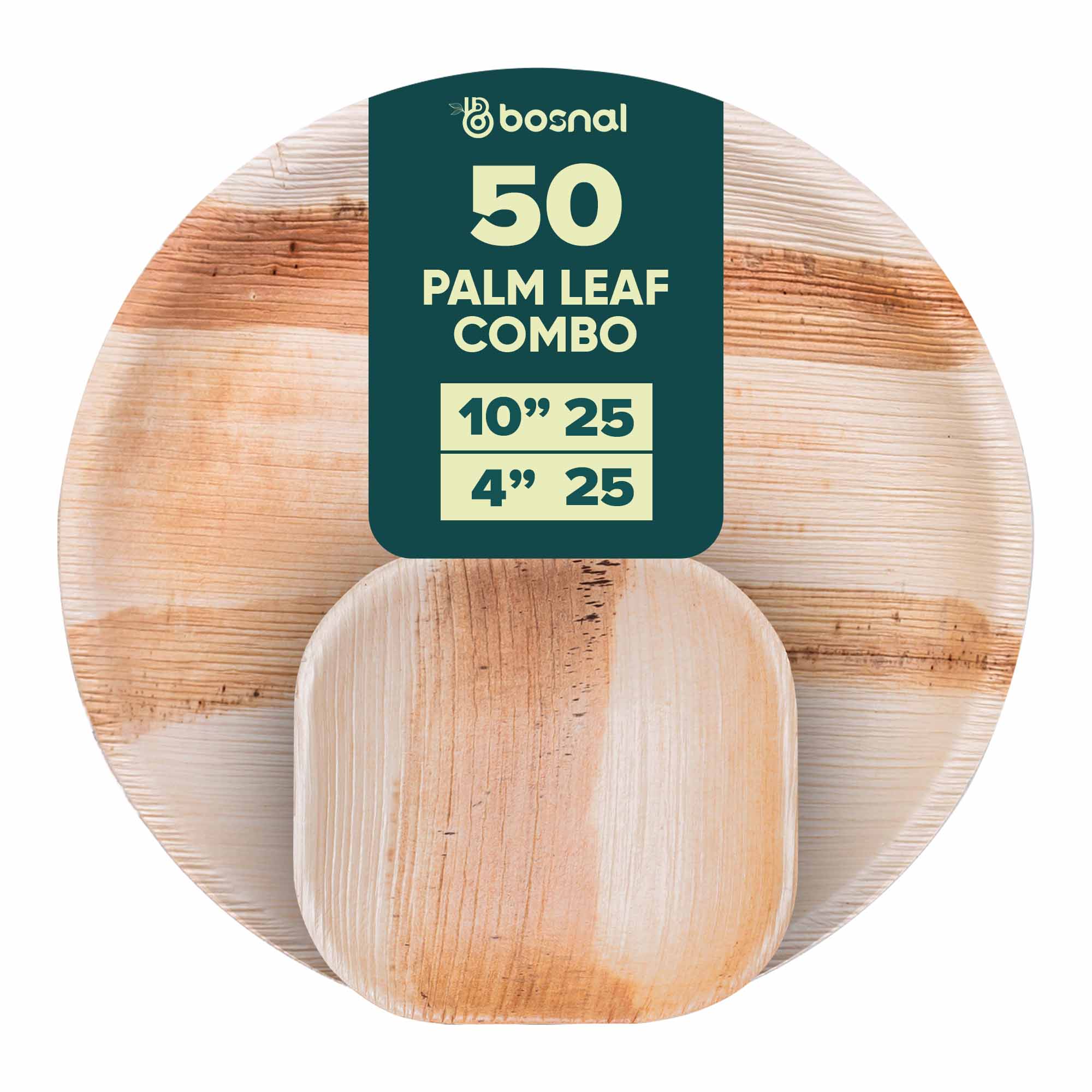 Palm Leaf Biodegradable 10" Round Plates and 4" Square Plates Combo (25 Plates each), Eco-Friendly, Compostable, Bamboo-Wood Style, Durable & Restaurant-Grade Alternative to Paper Plates
