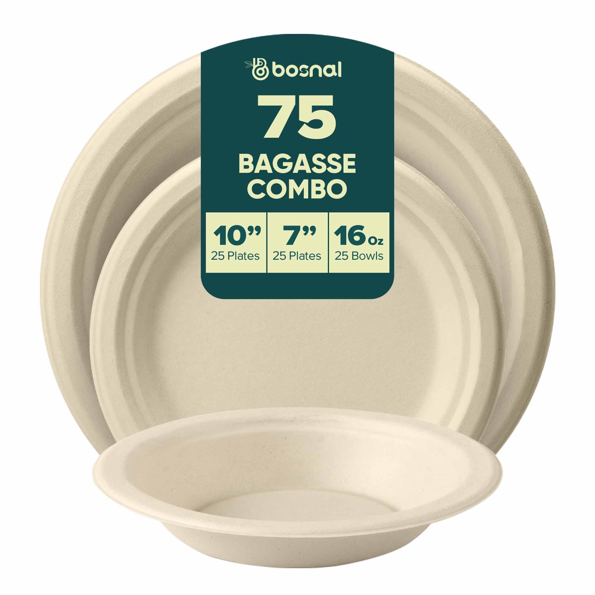 BOSNAL 10 inch & 7 inch Round Plates with 16 oz Bowls – 100% Plant-Based Sugarcane Bagasse, Eco-Friendly Disposable Dinnerware for Hot & Cold Meals, Microwave Safe, Compostable, Durable & Sustainable