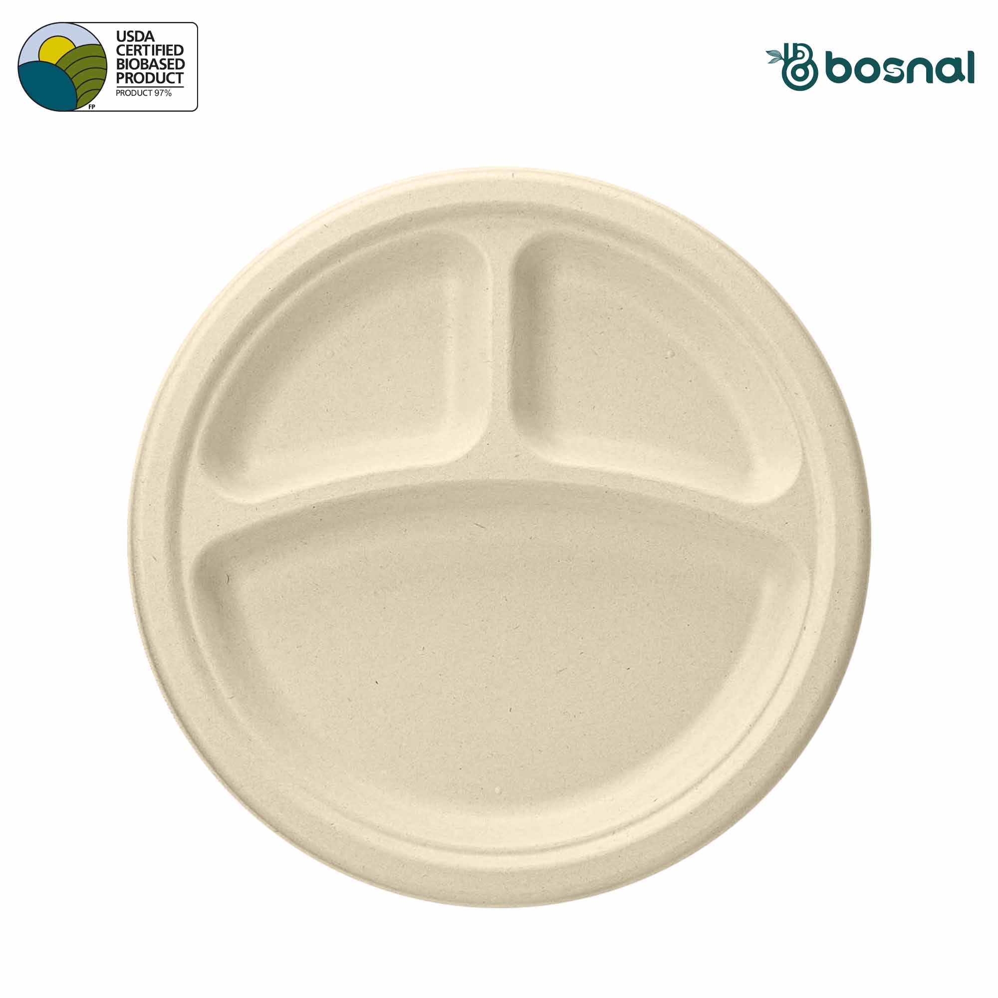 10 Inch 3 Compartment Round Bagasse Compostable Plate