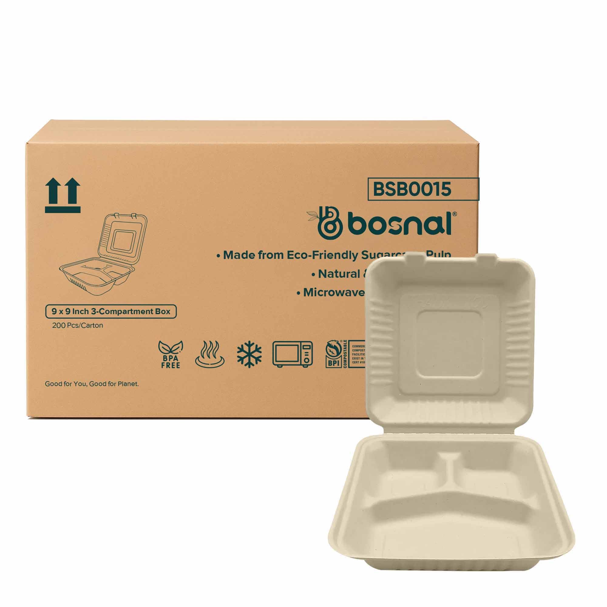 Bosnal 9 Inch 3-Compartment Compostable Clamshell, Case of 8 (200 Pcs) – Eco-Friendly Wholesale Pack