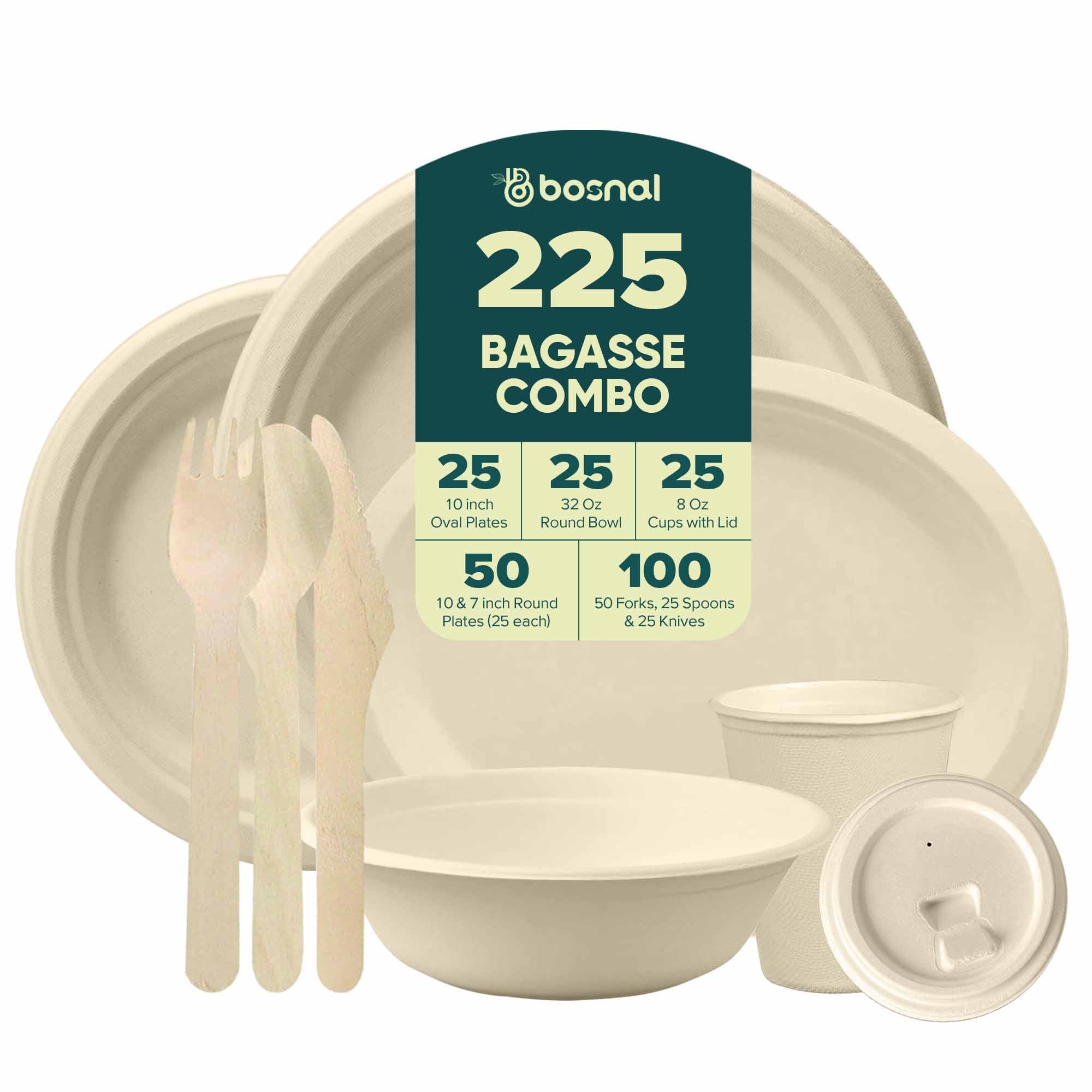 BOSNAL 10 inch & 7 inch Round Plates, 10 inch Oval Plates, 32 oz Bowls & 8 oz Cups with Cutlery – 100% Plant-Based Sugarcane Bagasse, Eco-Friendly, Compostable, Microwave Safe, Durable Dinnerware Set